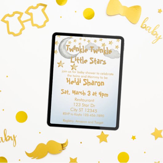 Twinkle Little Stars, twin baby shower Kaart