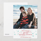 Twinkle Red Script & Blue Stars Holiday Photo Card Feestdagenkaart (Voorkant / Achterkant)