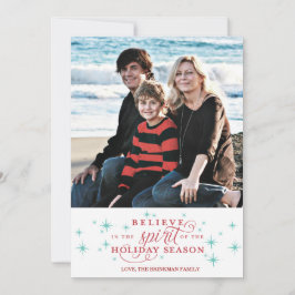 Twinkle Red Script & Blue Stars Holiday Photo Card Feestdagenkaart
