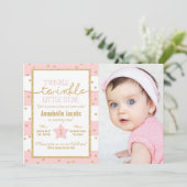 Twinkle Roze en Gouden Verjaardag Foto Kaart (Staand voorkant)