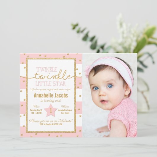 Twinkle Roze en Gouden Verjaardag Foto Kaart (Staand voorkant)