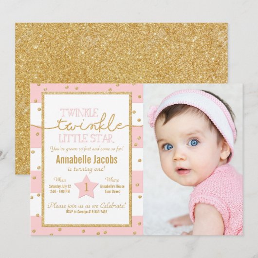 Twinkle Roze en Gouden Verjaardag Foto Kaart (Voorkant / Achterkant)