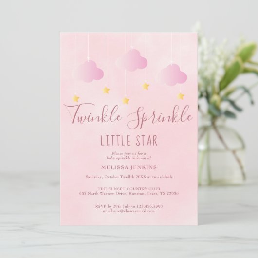 Twinkle Sprinkle All In One Baby Shower Meisje Roz Kaart (Staand voorkant)