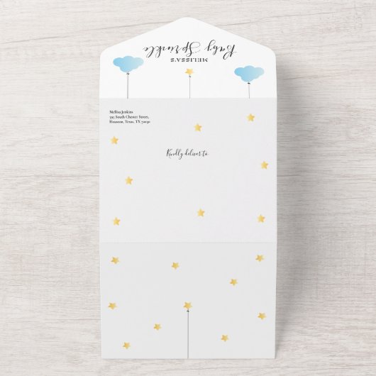 Twinkle Sprinkle Blauwe Jongen Baby Shower All In One Uitnodiging (Buitenkant)