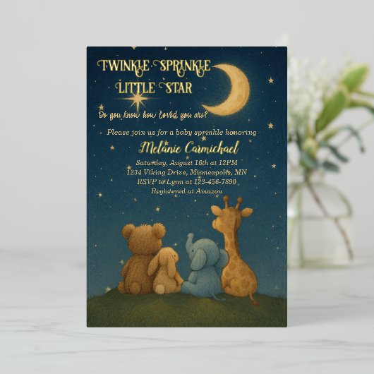 Twinkle Sprinkle Little Star Baby shower Folie Uitnodiging (Staand Voorkant)