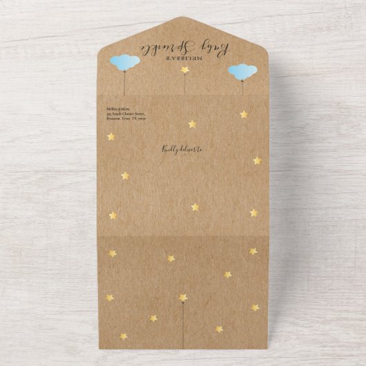 Twinkle Sprinkle Rustic Blue Clouds Baby shower All In One Uitnodiging (Buitenkant)
