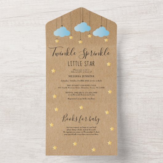 Twinkle Sprinkle Rustic Blue Clouds Baby shower All In One Uitnodiging (Binnen)