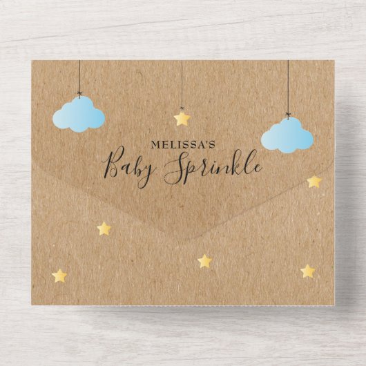 Twinkle Sprinkle Rustic Blue Clouds Baby shower All In One Uitnodiging (Achterkant)