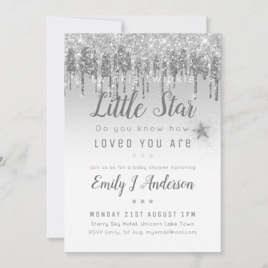TWINKLE STAR Baby shower Silver Grey Glitter Kaart (Voorkant)