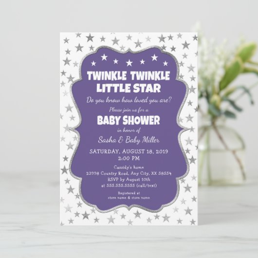 Twinkle Star Baby shower ultra violette uitnodigin Kaart (Staand voorkant)