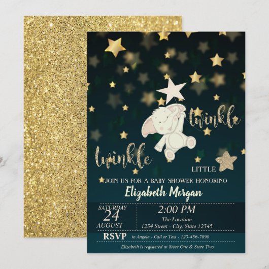 Twinkle Star Black, Gold Glitter, Beer Baby shower Kaart (Voorkant / Achterkant)
