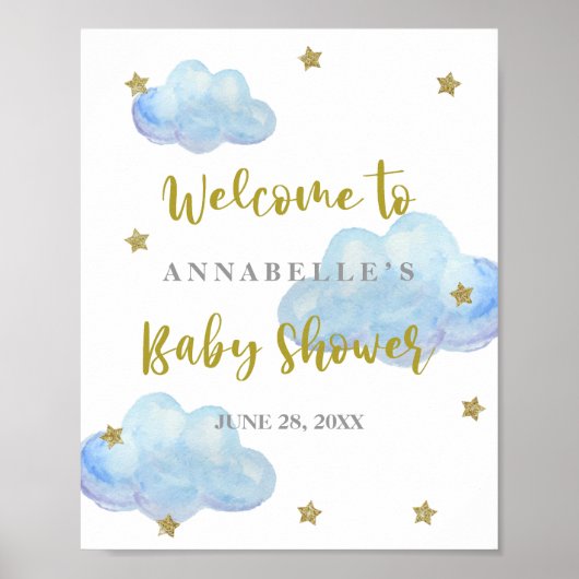 Twinkle Star Blue Clouds Baby shower Welkom Poster (Voorkant)