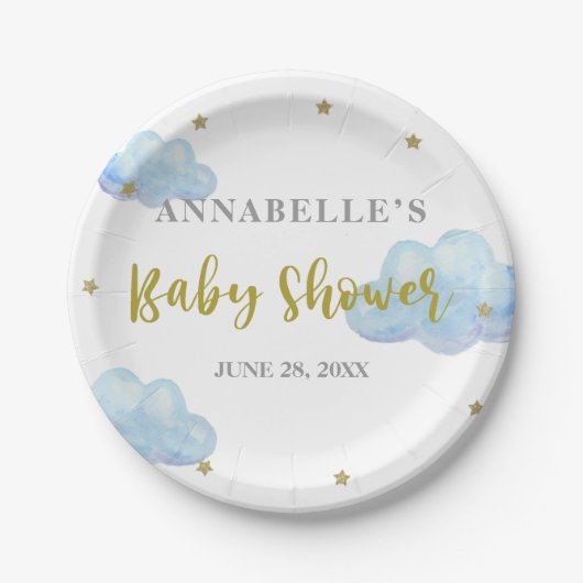Twinkle Star Blue Clouds Waterverf Baby shower Papieren Bordje (Voorkant)