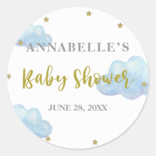 Twinkle Star Blue Clouds Waterverf Baby shower Ronde Sticker