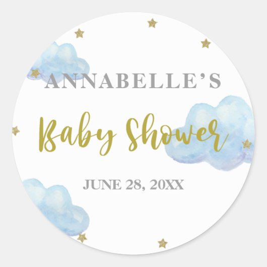 Twinkle Star Blue Clouds Waterverf Baby shower Ronde Sticker (Voorkant)