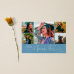 Twinkle Star Denim Blue Grad Multi Photo Thank You Aankondiging<br><div class="desc">Modern and whimsical graduation announcement photo card featuring 5 photos on the front and 1 on the back. The hand written script text says "Thank You" with twinkling stars. Add the graduate's name,  information,  and message to personalize this card. Denim blue color.</div>