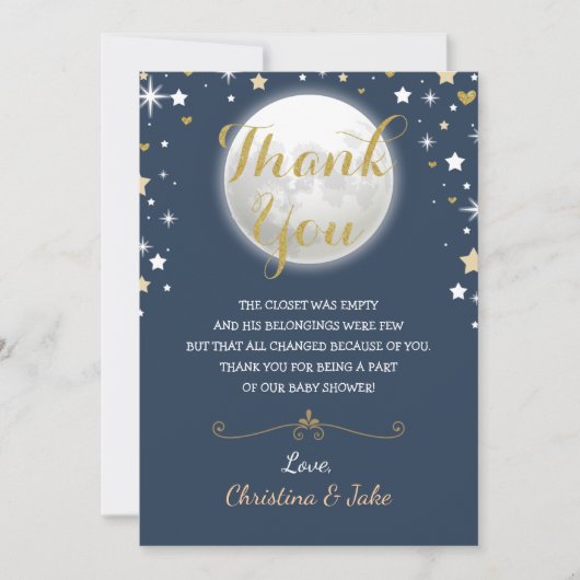 Twinkle Star Glitter Navy Gold Moon Baby shower Bedankkaart (Voorkant)