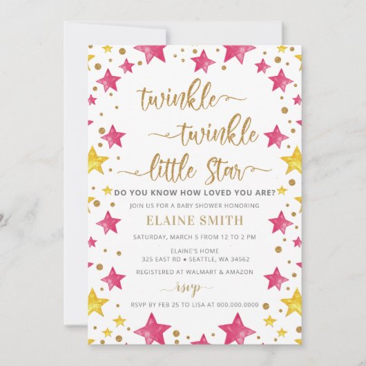 Twinkle Star Gold Pink Girl Baby shower Kaart (Voorkant)