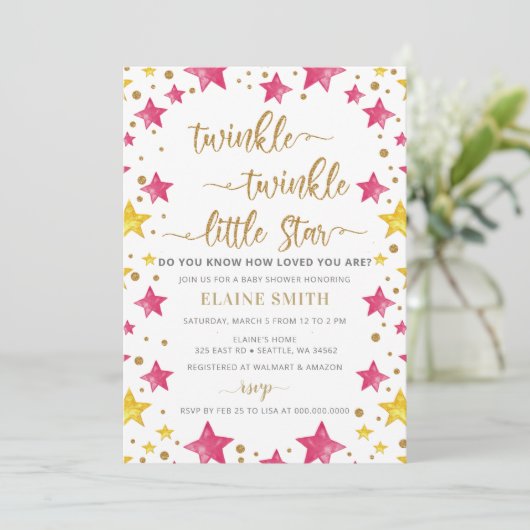 Twinkle Star Gold Pink Girl Baby shower Kaart (Staand voorkant)