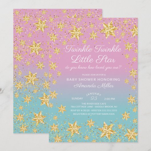 Twinkle Star Roze & Blauw Baby shower Invitation Kaart (Voorkant / Achterkant)