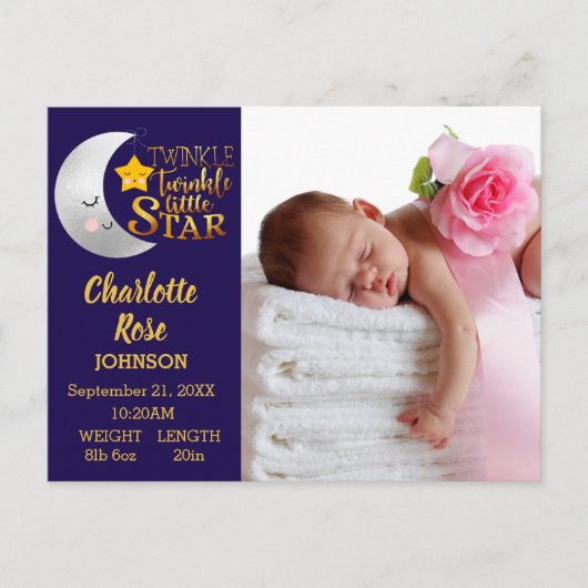 Twinkle Star Script Foto Geboorte aankondiging (Voorkant)