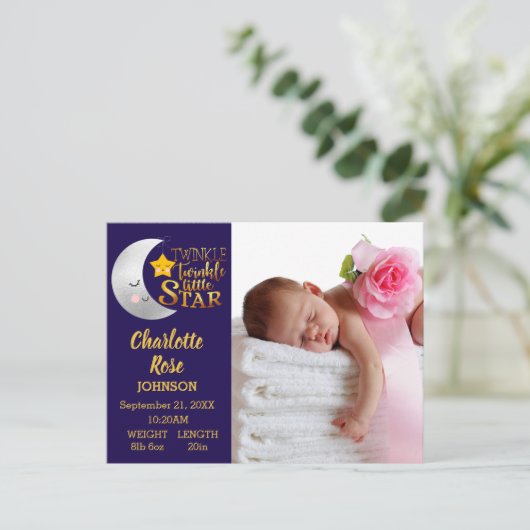 Twinkle Star Script Foto Geboorte aankondiging (Staand voorkant)