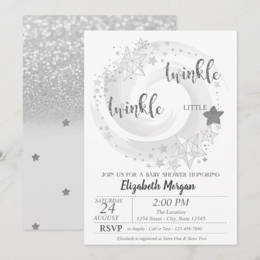 Twinkle Star Silver Glitter Baby shower Invitation Kaart (Voorkant / Achterkant)