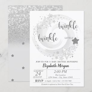 Twinkle Star Silver Glitter Baby shower Invitation Kaart