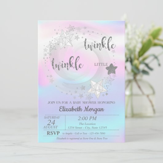 Twinkle Star Silver HolograpBaby Shower Kaart (Staand voorkant)