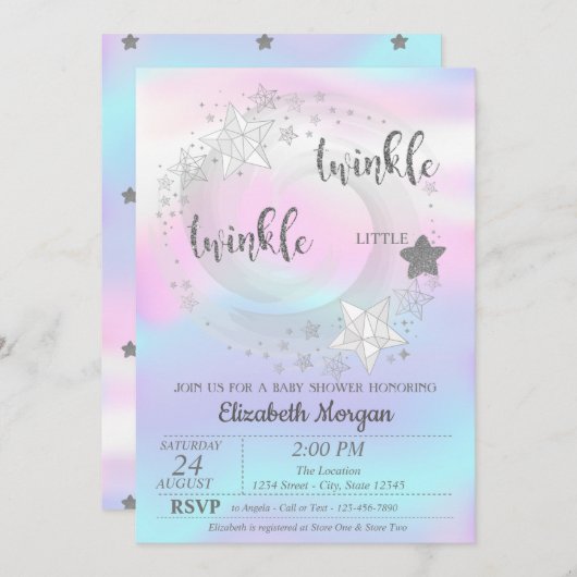 Twinkle Star Silver HolograpBaby Shower Kaart (Voorkant / Achterkant)