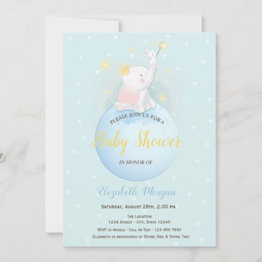 Twinkle Stars Elephant Stars, Blue Stippen Baby sh Kaart (Voorkant)