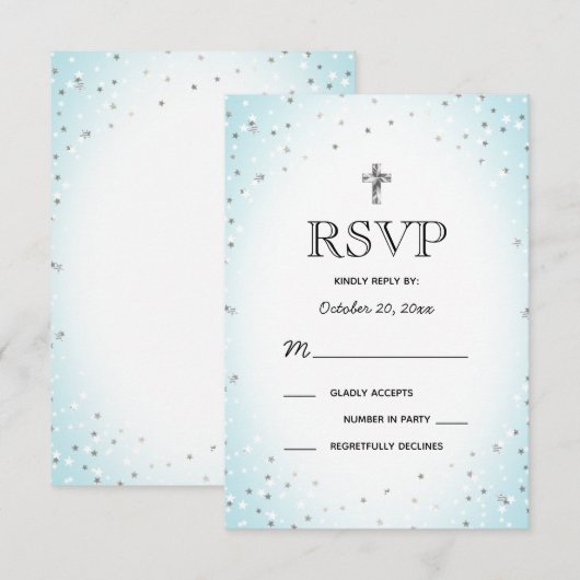 Twinkle Stars en Cross Blue Baby Boy Baptism RSVP Kaart (Voorkant / Achterkant)