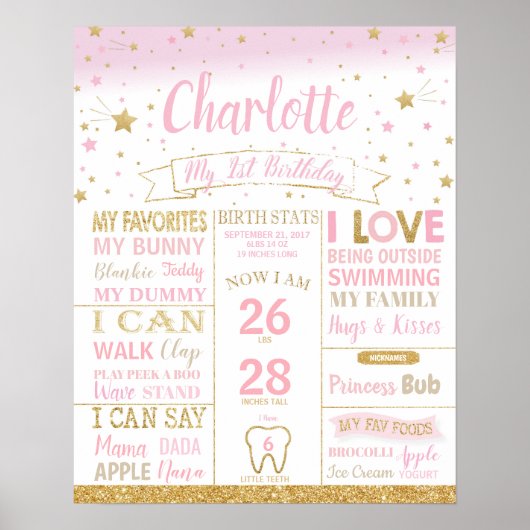 Twinkle Stars First Birthday Milestone Birth Stats Poster (Voorkant)