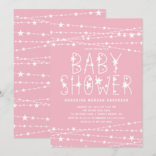 Twinkle Stars Girl Baby shower Kaart (Voorkant / Achterkant)