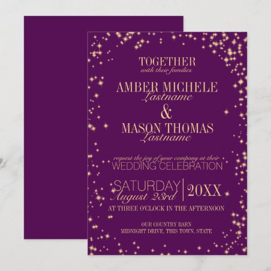 Twinkle Stars Gold Sparkle Wedding Kaart (Voorkant / Achterkant)