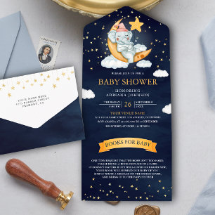Twinkle Stars Maan Navy Blauwe Olifant Baby Shower All In One Uitnodiging
