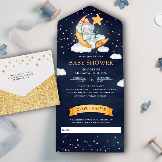 Twinkle Stars Moon Elephant Navy Blue Baby shower All In One Uitnodiging