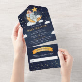 Twinkle Stars Moon Elephant Navy Blue Baby shower All In One Uitnodiging (Afscheurbaar)