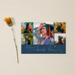 Twinkle Stars Navy Blue Grad Multi Photo Thank You Aankondiging<br><div class="desc">Modern and whimsical graduation announcement photo card featuring 5 photos on the front and 1 on the back. The hand written script text says "Thank You" with twinkling stars. Add the graduate's name,  information,  and message to personalize this card. Navy blue color.</div>