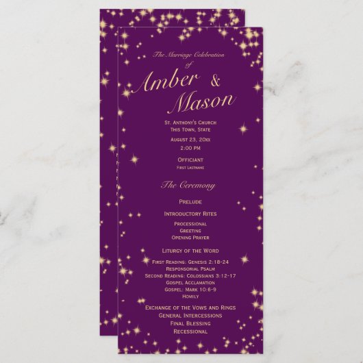 Twinkle Stars Paarse en Gouden Sparkle Programmakaart (Voorkant / Achterkant)