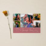 Twinkle Stars Pink Grad Multi Photo Thank You Aankondiging<br><div class="desc">Modern and whimsical graduation announcement photo card featuring 5 photos on the front and 1 on the back. The hand written script text says "Thank You" with twinkling stars. Add the graduate's name,  information,  and message to personalize this card. Pink color.</div>