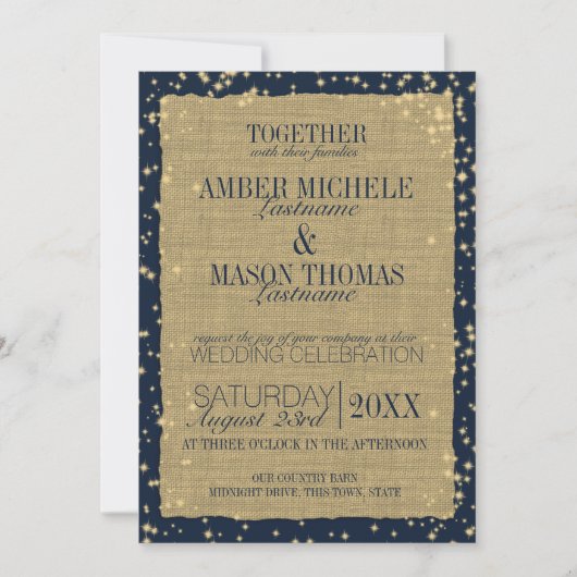 Twinkle Stars Rustic Burlap Wedding Kaart (Voorkant)