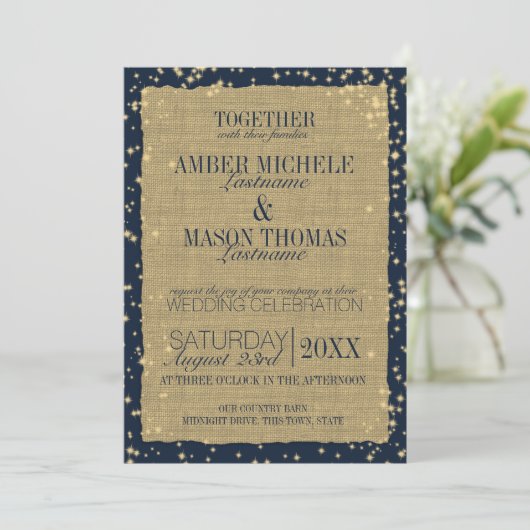 Twinkle Stars Rustic Burlap Wedding Kaart (Staand voorkant)