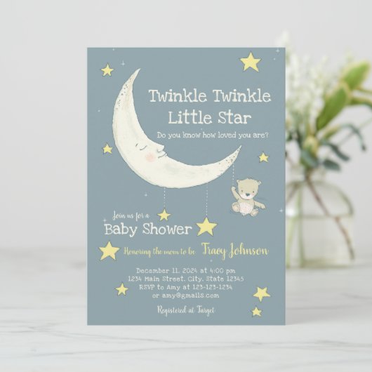Twinkle Twinkle Aanpasbare Baby shower uitnodiging (Staand voorkant)