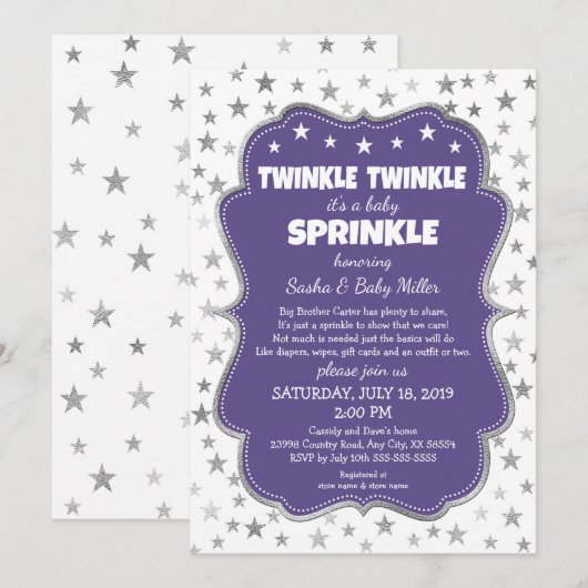 Twinkle Twinkle Baby Sprinkle paarse uitnodigingen (Voorkant / Achterkant)