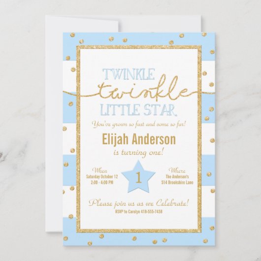Twinkle Twinkle Blauw en Goud Verjaardag Uitnodigi Kaart (Voorkant)