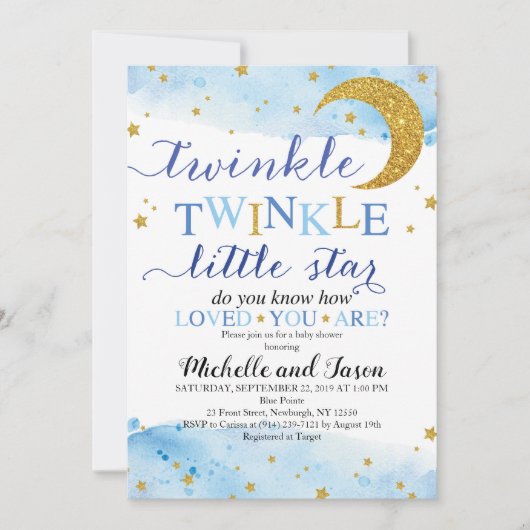 Twinkle Twinkle (Blue & Gold) Baby shower Kaart (Voorkant)