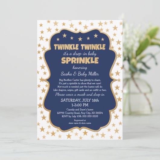 Twinkle Twinkle Drop-in Navy Gold Baby Sprinkle Kaart (Staand voorkant)
