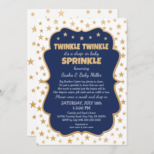 Twinkle Twinkle Drop-in Navy Gold Baby Sprinkle Kaart (Voorkant / Achterkant)