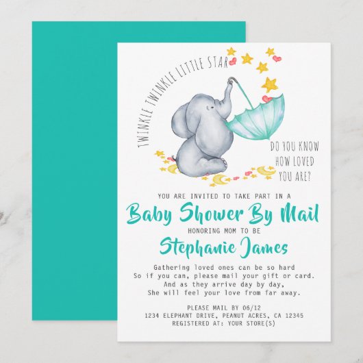 Twinkle Twinkle Elephant Baby shower per Mail Kaart (Voorkant / Achterkant)